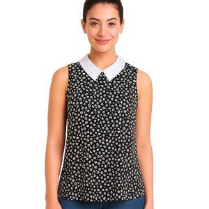 AUW Black Floral Blouse w/ Jeweled White Collar | Sleeveless Chic Top SZ: L